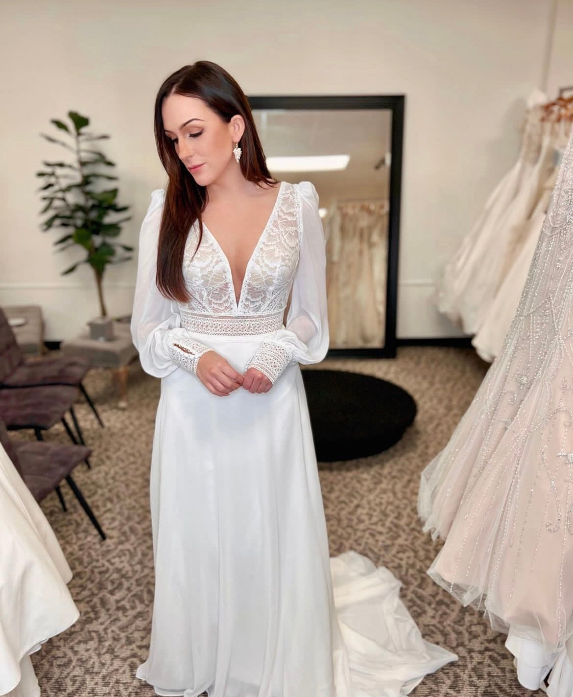 Fancy - wedding dress with long chiffon puff sleeves, lace top, open back and chiffon skirt Fancy - wedding dress with long chiffon puff sleeves, lace top, open back and chiffon skirt