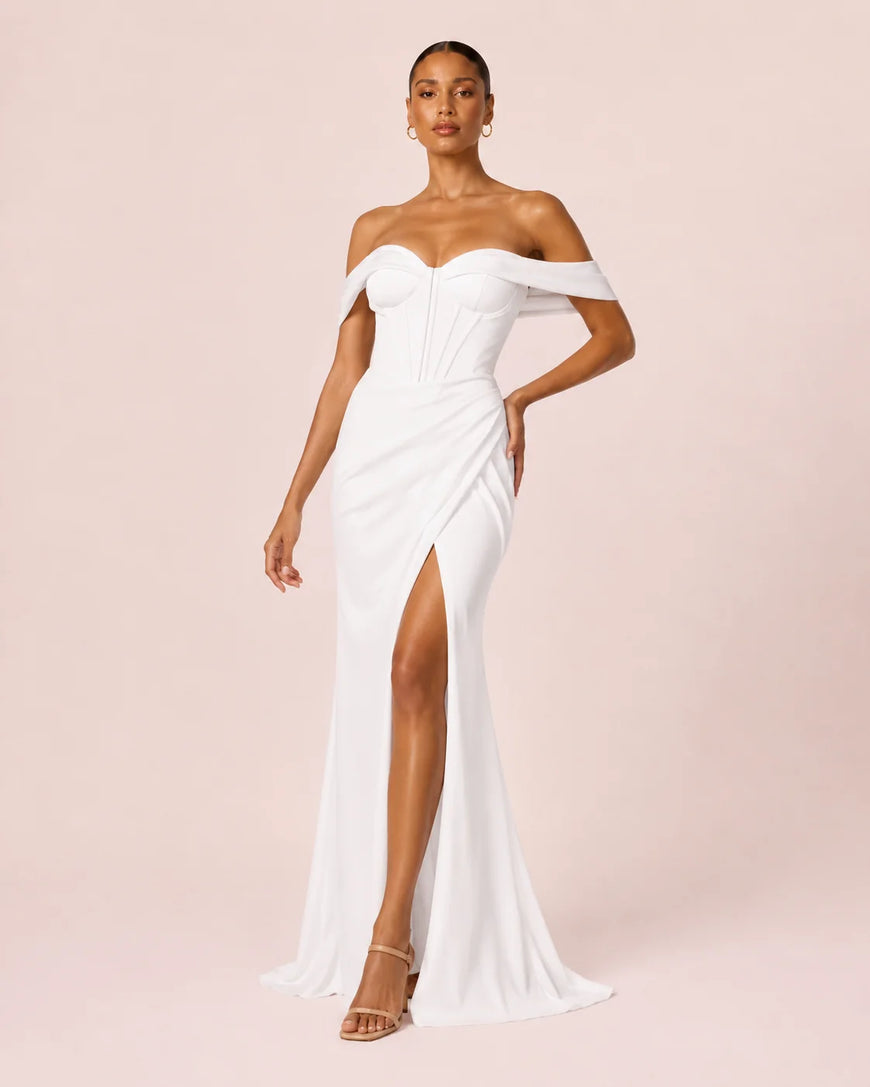 Jomy - Slim fit long wedding dress with slit and off the shoulders