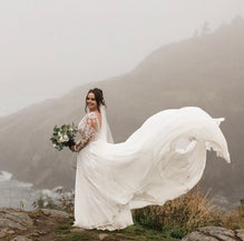 Decker - boho wedding dress with long sleeves and open V back, chiffon skirt with lace train