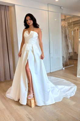Porsha - modern and classic straight strapless wedding dress with leg slit