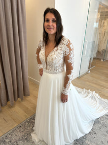 Decker - boho wedding dress with long sleeves and open V back, chiffon skirt with lace train