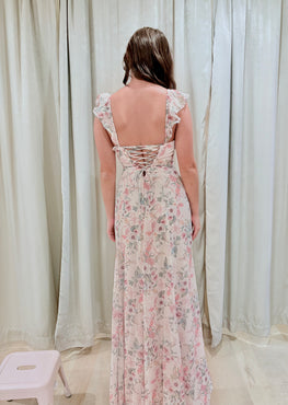 Flore - robe longue en chiffon à tissu fleuri avec dos lacé