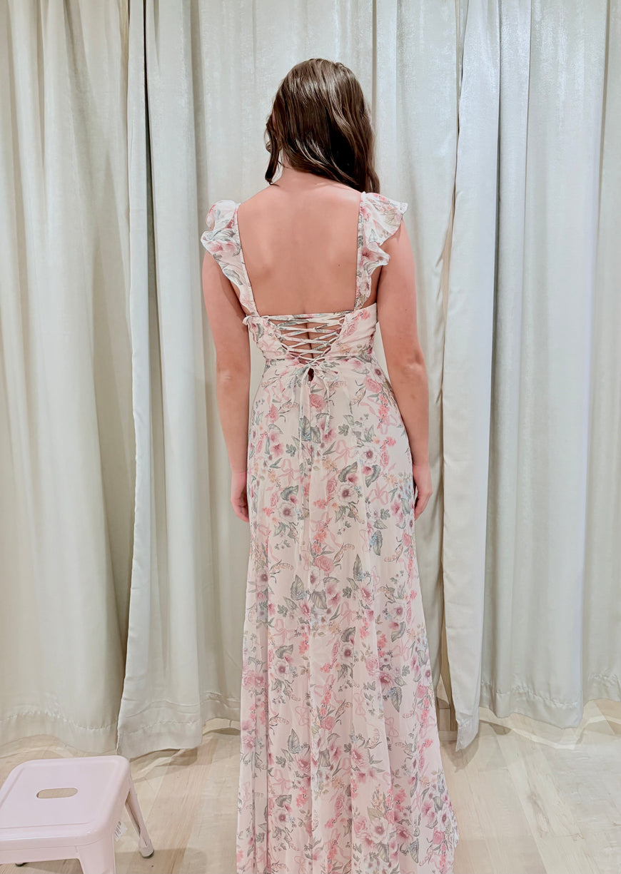 Flore - robe longue en chiffon à tissu fleuri avec dos lacé