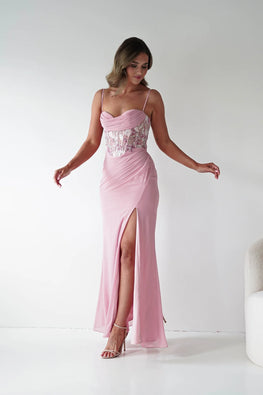 Sunny - robe longue en chiffon avec corset brodé de fleurs et fente à la jambe