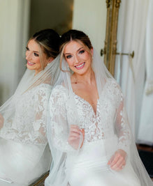 Trixie - long sleeve slim fit wedding dress with mikado bottom and lace insert in the train