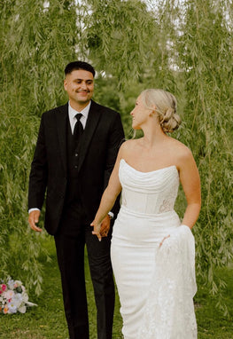 Damyen - robe de mariée ajustée en crêpe avec détails de dentelle et manches off souliers