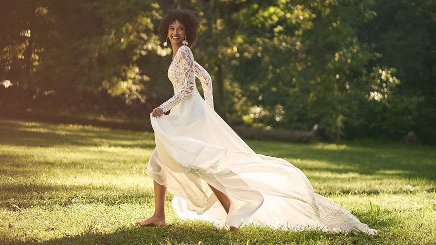 Edward - boho wedding dress with long sleeves, open V back and chiffon skirt with train with lace trim