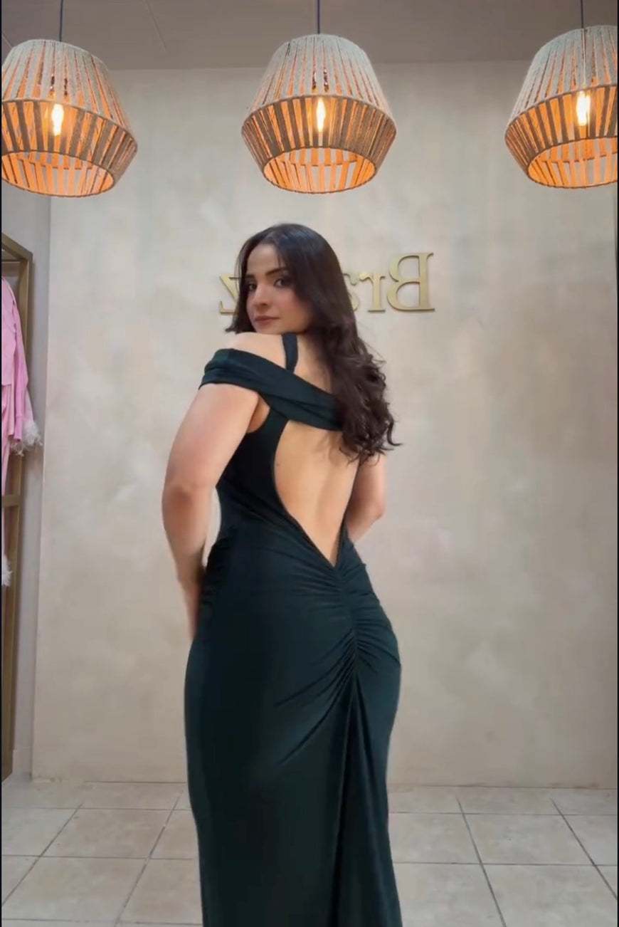 Rex - Robe midi en jersey extensible avec dos ouvert plongeant et plis aux fesses