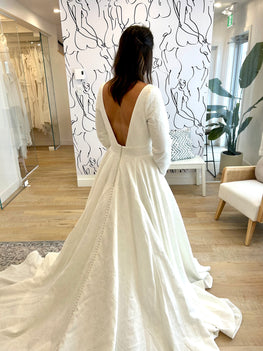 Ellie - modern brocade wedding dress with illusion plunging neckline and voluminous skirt
