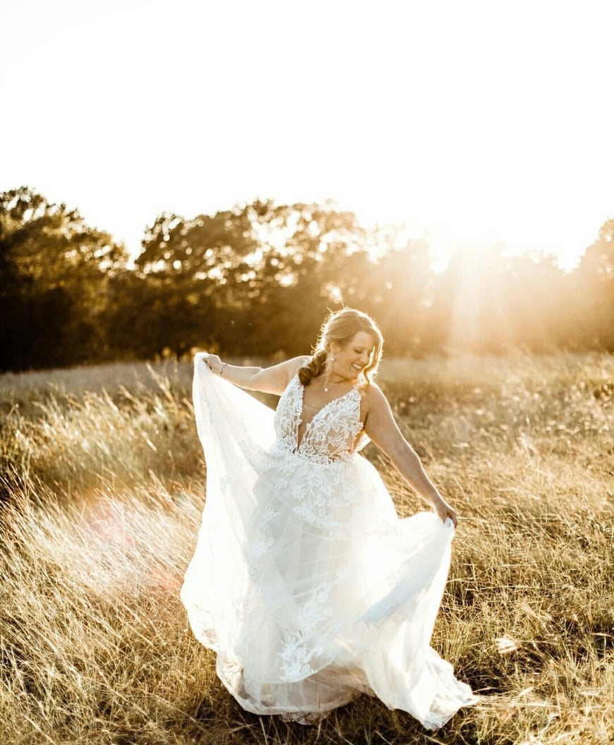 Cooper *échantillon taille 14* - robe de mariée boho ligne A avec dentelle florale unique