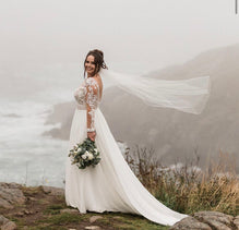 Decker - boho wedding dress with long sleeves and open V back, chiffon skirt with lace train