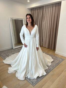 Ellie - modern brocade wedding dress with illusion plunging neckline and voluminous skirt