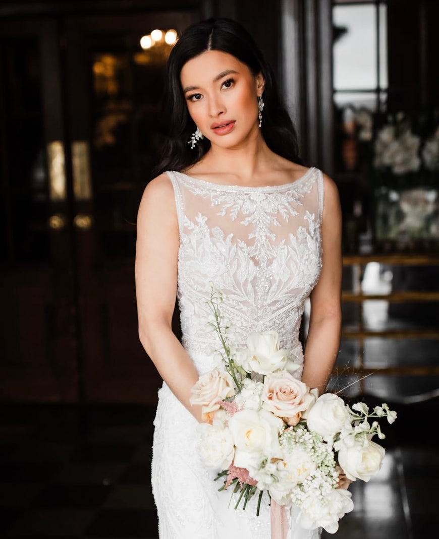 Kyle *échantillon taille 16* - robe de mariée haut de gamme d'inspiration boho glam ajustée en dentelle luxueuse à dos ouvert et sur-jupe en tulle