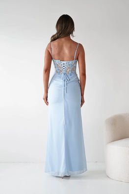 Sunny - robe longue en chiffon avec corset brodé de fleurs et fente à la jambe