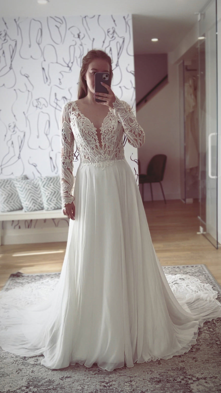 Edward - boho wedding dress with long sleeves, open V back and chiffon skirt with train with lace trim