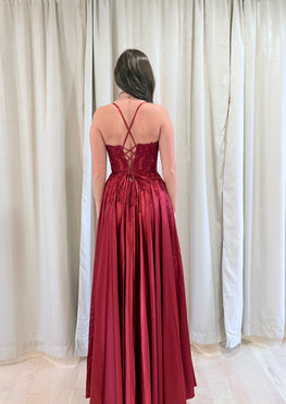 Amber - robe longue en avec jupe de satin et haut style corset doublé à encolure ronde, dos lacé