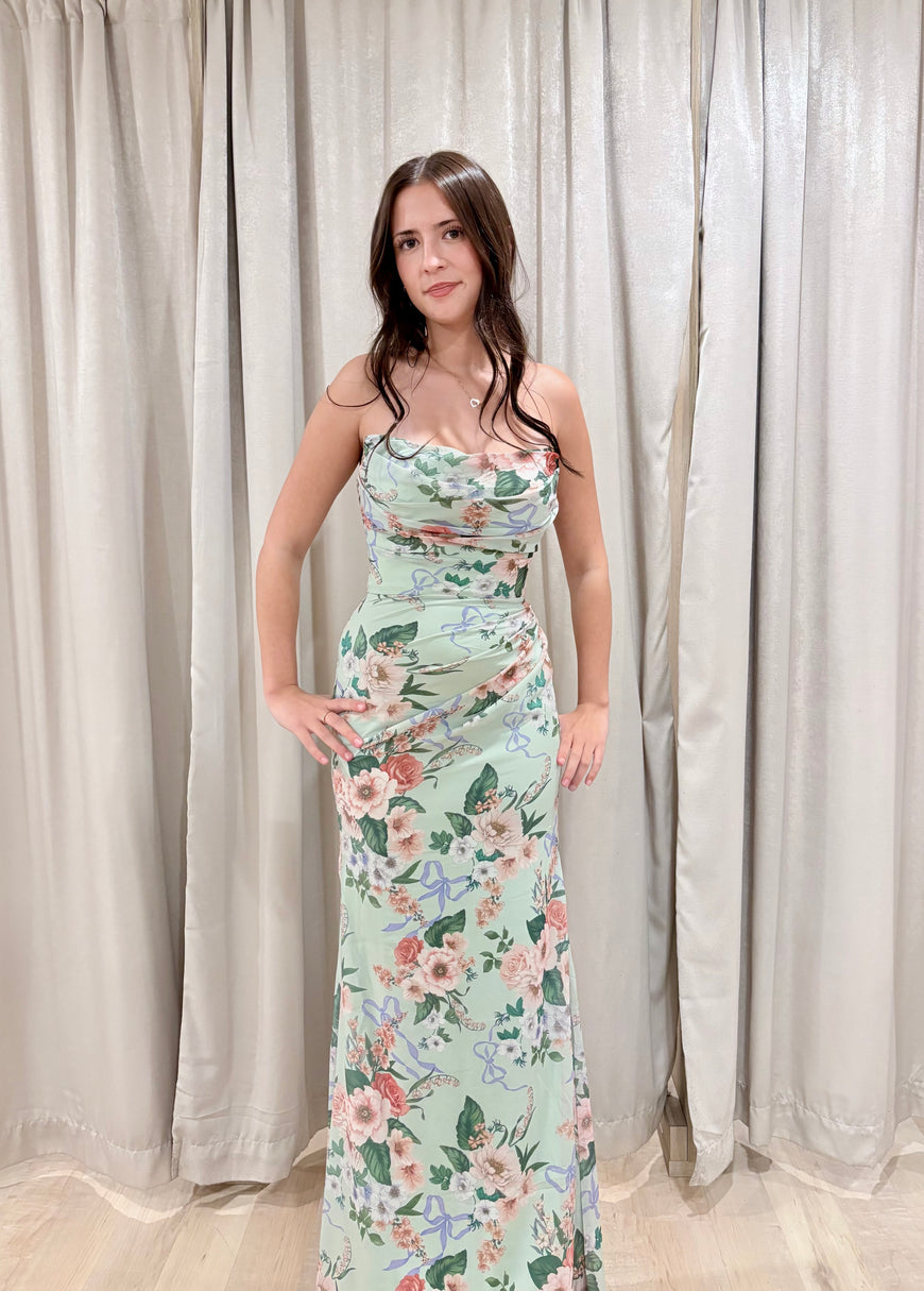 Mali - robe longue en chiffon sans bretelle de coupe A à tissu fleuri avec châle