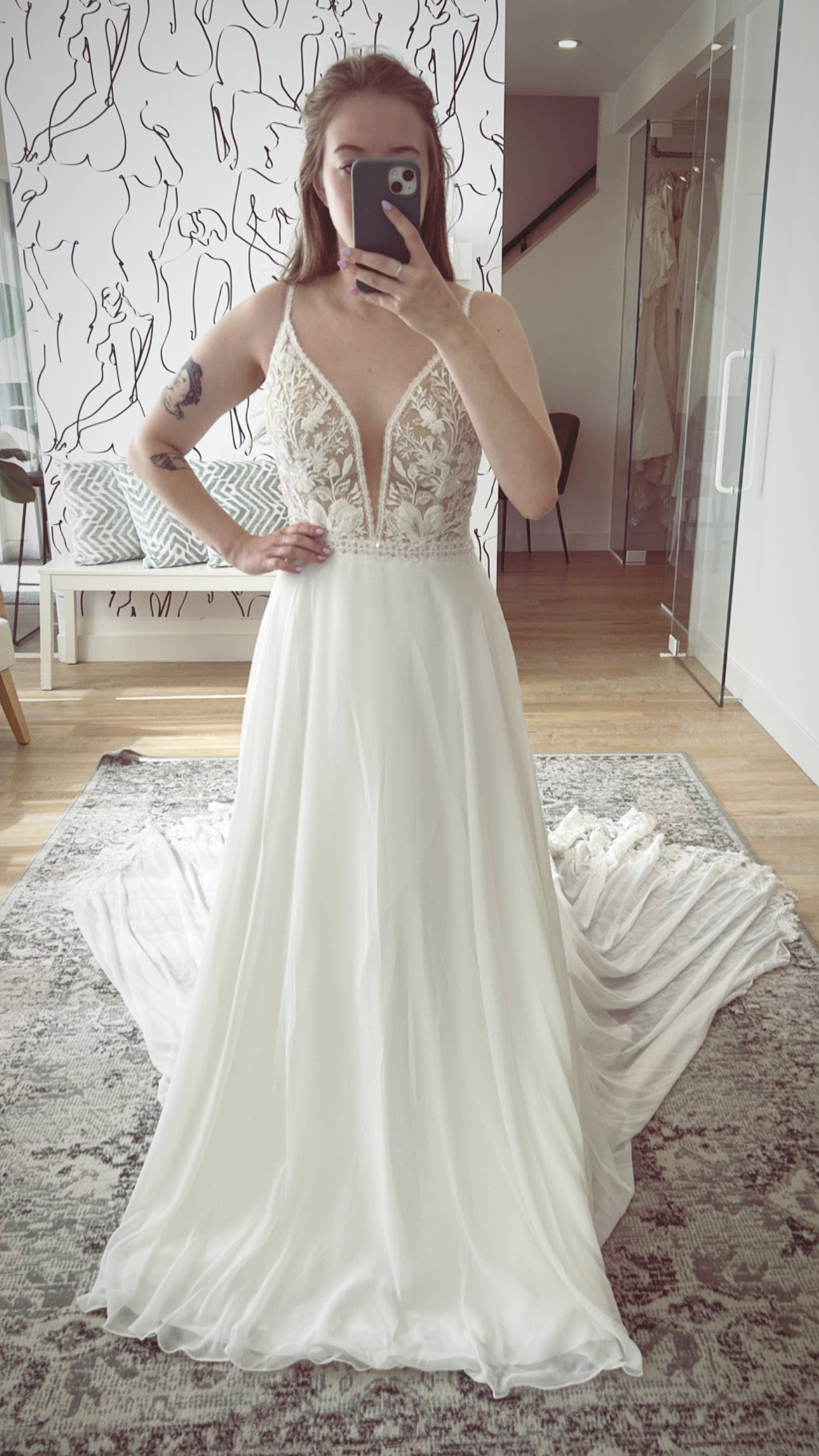 Bentley - sleeveless wedding dress with luxurious beaded lace V-top and chiffon skirt with regal train
