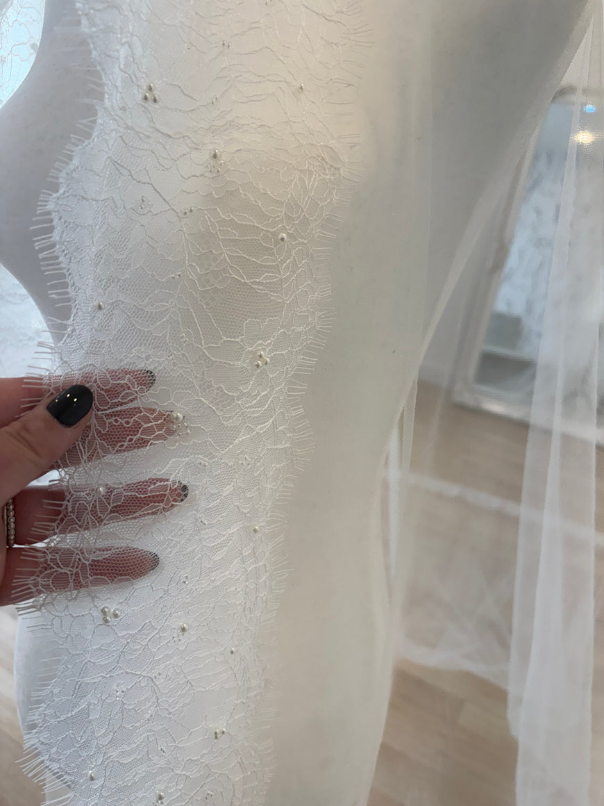 Camilia - Voile avec bordure de dentelle chantilly et perles - 2 longueurs disponibles