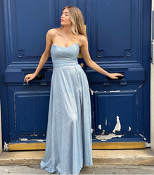 Andrew - Robe longue à bustier moderne en jersey extensible brillant coupe ample avec fente et poches