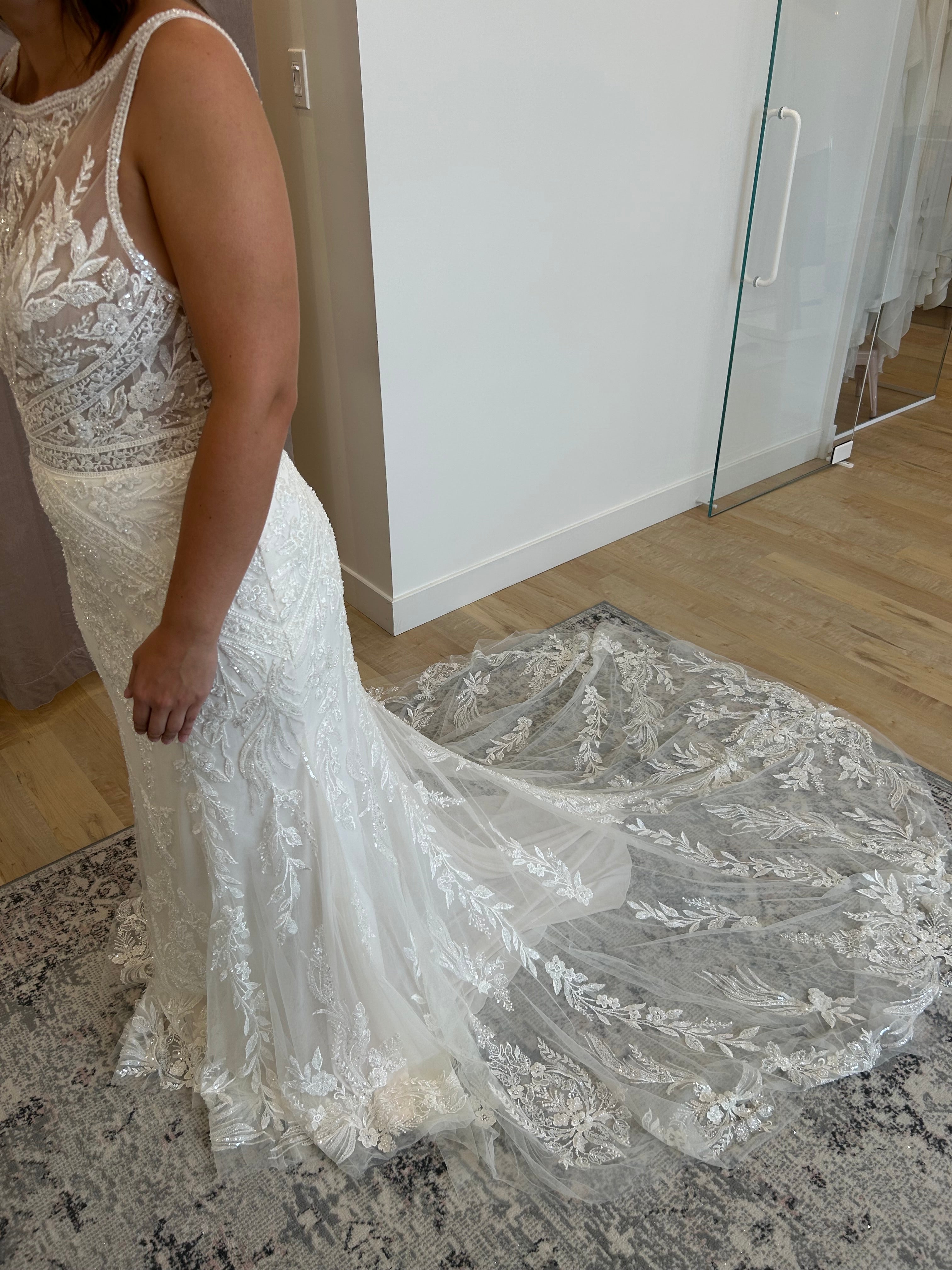 Kyle - high end boho glam inspired fitted wedding dress in luxurious lace with open back and tulle overskirt