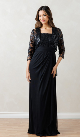 Pauline - ensemble 2 pièces avec robe de coupe droite en crêpe extensible et haut bolero en dentelle brillante
