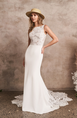 Ace - high neckline butterfly back wedding dress with crepe skirt