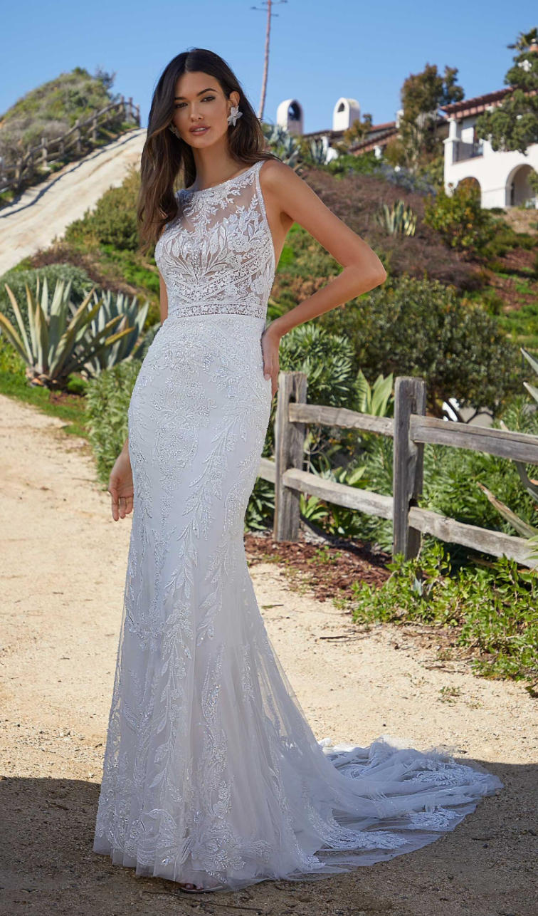 Kyle - high end boho glam inspired fitted wedding dress in luxurious lace with open back and tulle overskirt