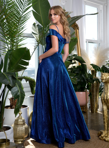 Farley - off-the-shoulder shimmering jersey long dress with sweetheart neckline, pockets, dropped straps and slit leg