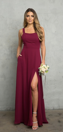 Meredith - Robe longue simple, col carré, jupe avec fente et boucle au dos