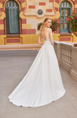 Ranger - classic wedding dress with illusion lace plunging neckline and matte satin skirt with pockets