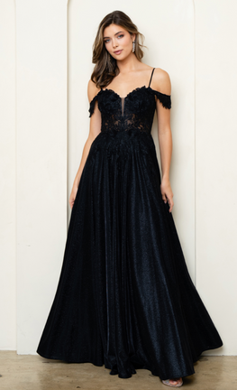 Farley - off-the-shoulder shimmering jersey long dress with sweetheart neckline, pockets, dropped straps and slit leg