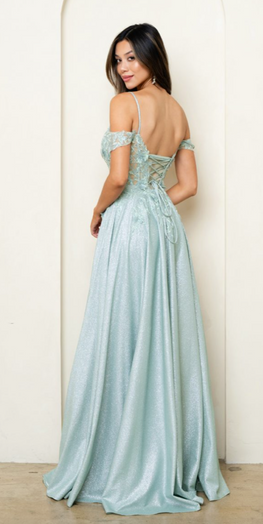 Farley - off-the-shoulder shimmering jersey long dress with sweetheart neckline, pockets, dropped straps and slit leg