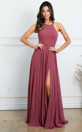Katia - robe longue à encolure haute avec dos ouvert et panneaux translucides sur le côté