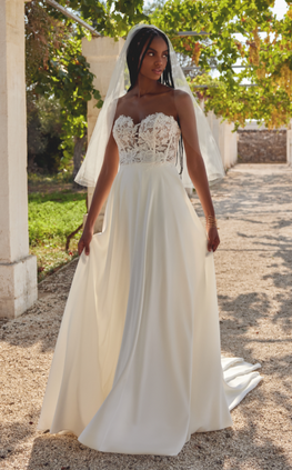 Arnaud - robe de mariée sans manches avec haut en dentelle et jupe de satin mât