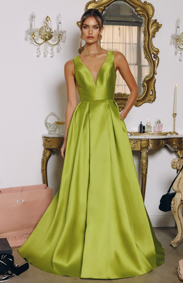 Annaelle - robe longue en tissus satiné mât à encolure en V et bande de taille large