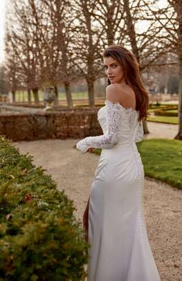 Elsabeth - robe de mariée haut de gamme ajustée en satin extensible avec détails de dentelle au buste et manches de style gants