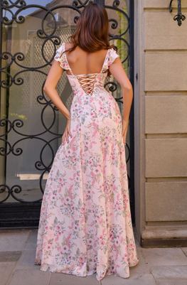 Flore - robe longue en chiffon à tissu fleuri avec dos lacé