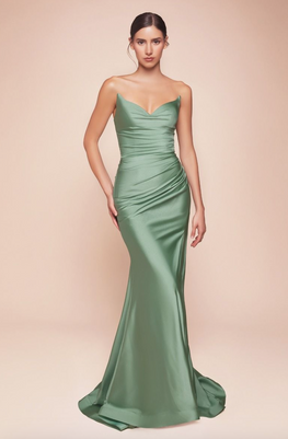 Serena - robe longue en tissus jersey satiné avec bustier sans bretelle et dos lacé