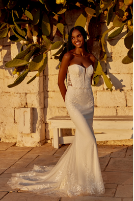 Madelyn - robe de mariée coupe ajustée en crêpe sans bretelles avec dentelle et traîne brodée