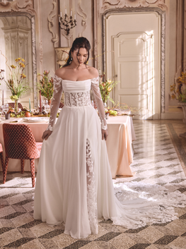 Violet - robe de mariée moderne avec haut corset sans bretelle en dentelle avec jupe de chiffon vaporeuse et traîne majestueuse