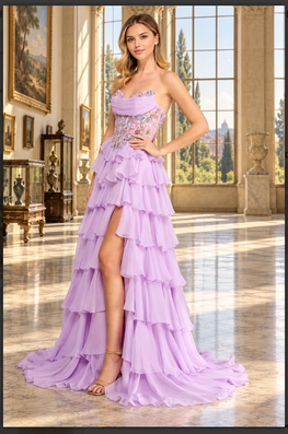 Juliette - Robe longue bustier à effet corset et jupe à volants étagés