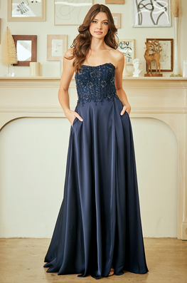 Tristan - Robe longue bustier à effet corset et jupe vaporeuse en satin avec fente