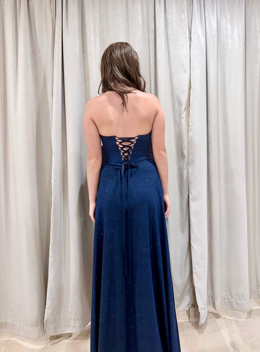 Andrew - Robe longue à bustier moderne en jersey extensible brillant coupe ample avec fente et poches