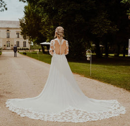 Cassandra *plus size* - boho wedding dress with cotton lace and chiffon skirt with majestic train