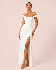Jomy - Slim fit long wedding dress with slit and off the shoulders