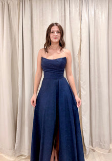 Andrew - Robe longue à bustier moderne en jersey extensible brillant coupe ample avec fente et poches