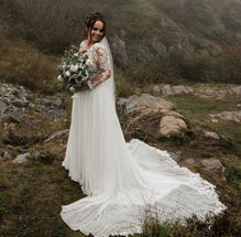 Decker - boho wedding dress with long sleeves and open V back, chiffon skirt with lace train
