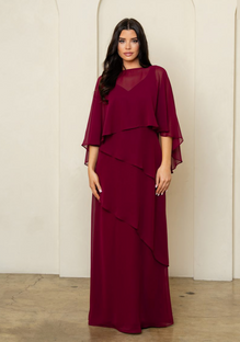 Jupiter - robe longue en chiffon étagé avec larges bretelles et cape en chiffon assortie