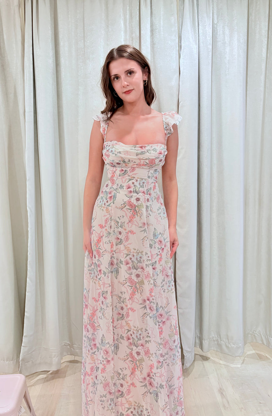 Flore - robe longue en chiffon à tissu fleuri avec dos lacé